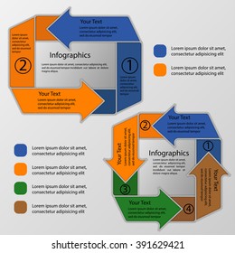 circular arrows infographics set, paper infographics element in shape of arrows two or four colors with place for text, vector
