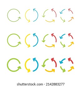 Circular arrows large set. Rotate color arrow group. Loading infographic colorful elements. Vector isolated on white.