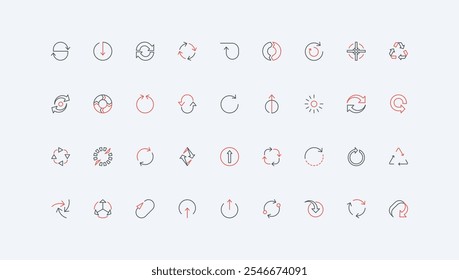 Circular arrows line icon set. Round loop signs of refresh and recycle, loading progress, start and repeat motion, orientation and direction thin black and red outline symbols vector illustration