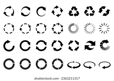 Circular arrows mega set elements in flat design. Bundle of circle motion, refresh, repeat, loading, turning, rotation, reload, recycle and other symbols. Vector illustration isolated graphic objects