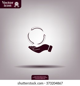 circular arrows on hand icon, vector illustration. Flat design style
