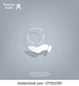circular arrows on hand icon, vector illustration. Flat design style