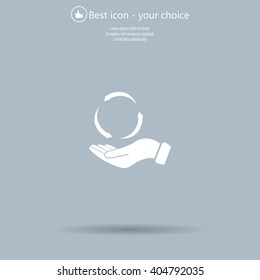 circular arrows on hand icon, vector illustration. Flat design style