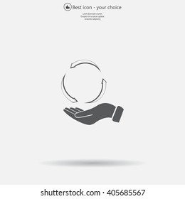 circular arrows on hand icon, vector illustration. Flat design style