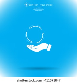 circular arrows on hand icon, vector illustration. Flat design style