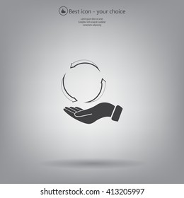 circular arrows on hand icon, vector illustration. Flat design style