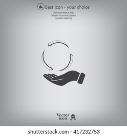 circular arrows on hand icon, vector illustration. Flat design style