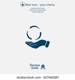 circular arrows on hand icon, vector illustration. Flat design style