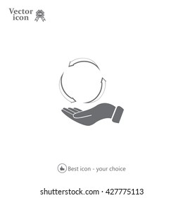 circular arrows on hand icon, vector illustration. Flat design style