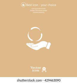 circular arrows on hand icon, vector illustration. Flat design style