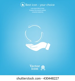 circular arrows on hand icon, vector illustration. Flat design style