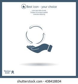 circular arrows on hand icon, vector illustration. Flat design style
