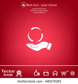 circular arrows on hand icon, vector illustration. Flat design style