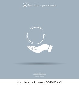 circular arrows on hand icon, vector illustration. Flat design style