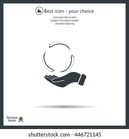 circular arrows on hand icon, vector illustration. Flat design style