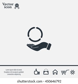 circular arrows on hand icon, vector illustration. Flat design style