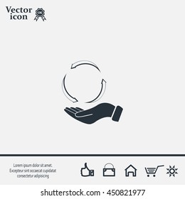 circular arrows on hand icon, vector illustration. Flat design style