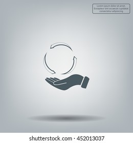 circular arrows on hand icon, vector illustration. Flat design style