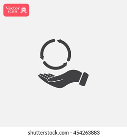 circular arrows on hand icon, vector illustration. Flat design style