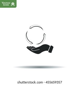 circular arrows on hand icon, vector illustration. Flat design style