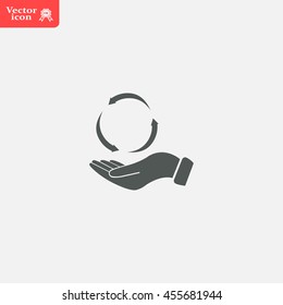 circular arrows on hand icon, vector illustration. Flat design style