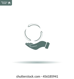 circular arrows on hand icon, vector illustration. Flat design style