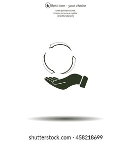 circular arrows on hand icon, vector illustration. Flat design style