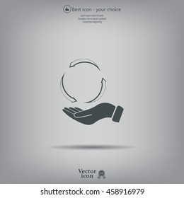 circular arrows on hand icon, vector illustration. Flat design style