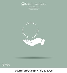 circular arrows on hand icon, vector illustration. Flat design style