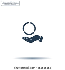 circular arrows on hand icon, vector illustration. Flat design style