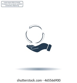 circular arrows on hand icon, vector illustration. Flat design style
