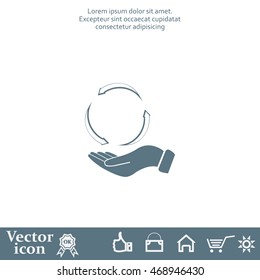 circular arrows on hand icon, vector illustration. Flat design style