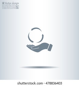 circular arrows on hand icon, vector illustration. Flat design style