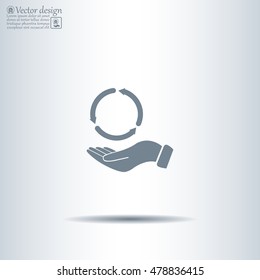 circular arrows on hand icon, vector illustration. Flat design style