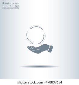 circular arrows on hand icon, vector illustration. Flat design style