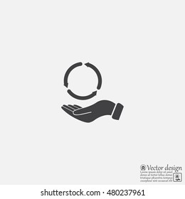 circular arrows on hand icon, vector illustration. Flat design style