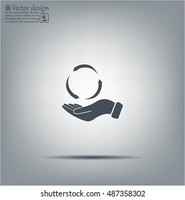 circular arrows on hand icon, vector illustration. Flat design style