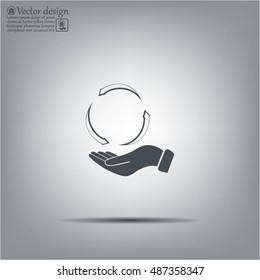 circular arrows on hand icon, vector illustration. Flat design style