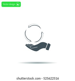 circular arrows on hand icon, vector illustration. Flat design style