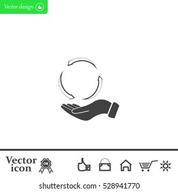 circular arrows on hand icon, vector illustration. Flat design style