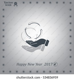 circular arrows on hand icon, vector illustration. Flat design style
