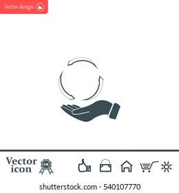 circular arrows on hand icon, vector illustration. Flat design style