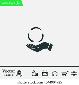 circular arrows on hand icon, vector illustration. Flat design style