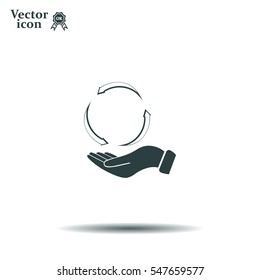 circular arrows on hand icon, vector illustration. Flat design style