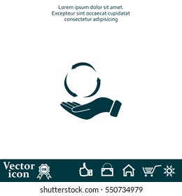 circular arrows on hand icon, vector illustration. Flat design style