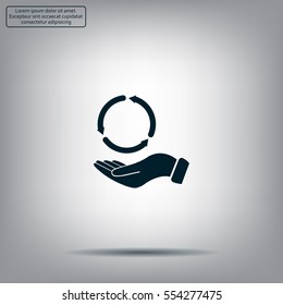 circular arrows on hand icon, vector illustration. Flat design style