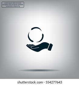 circular arrows on hand icon, vector illustration. Flat design style