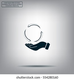 circular arrows on hand icon, vector illustration. Flat design style