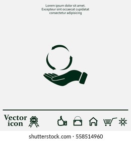 circular arrows on hand icon, vector illustration. Flat design style
