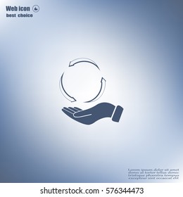 circular arrows on hand icon, vector illustration. Flat design style